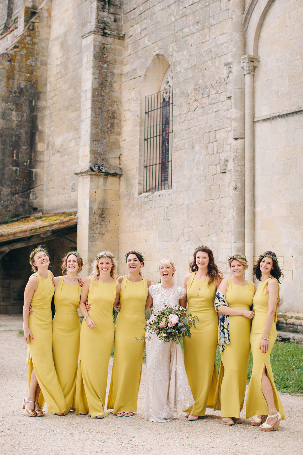 mustard yellow wedding bride and bridesmaids