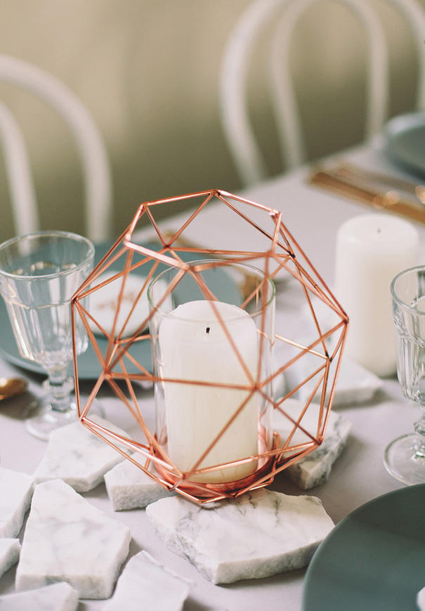 marble wedding trend table styling with copper