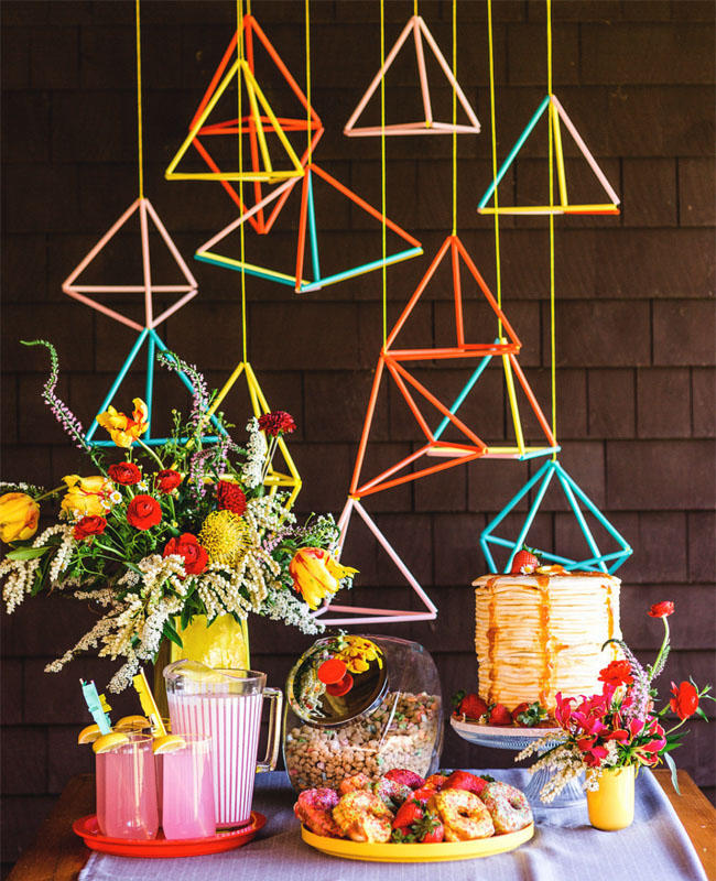 geometric wire colourful wedding hanging installation