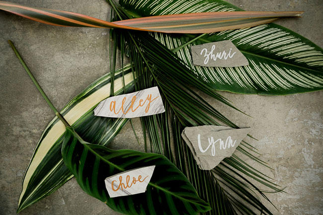 tropical wedding leaves display idea