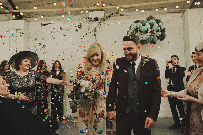 Warehouse wedding confetti scene