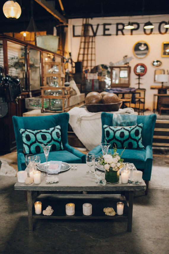 teal and copper wedding lounge area styling