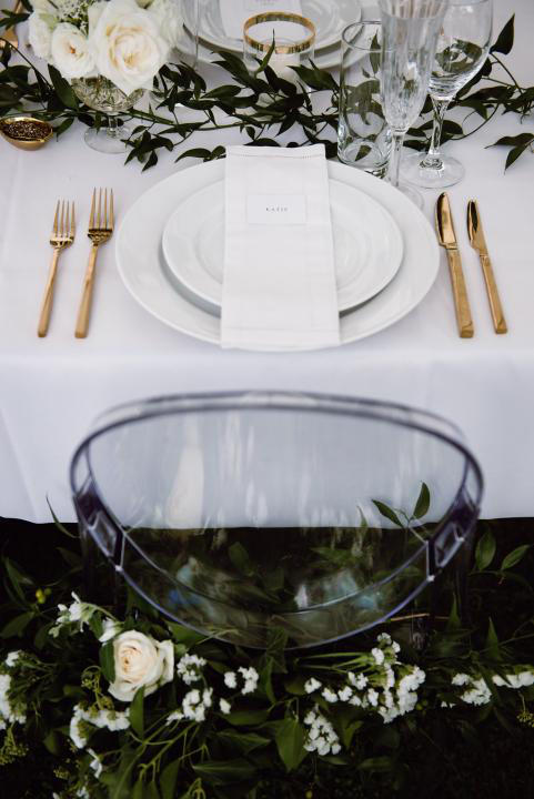 Greenhouse wedding reception place setting