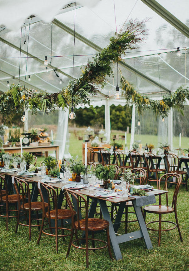 industrial wedding vintage greenery hanging installation