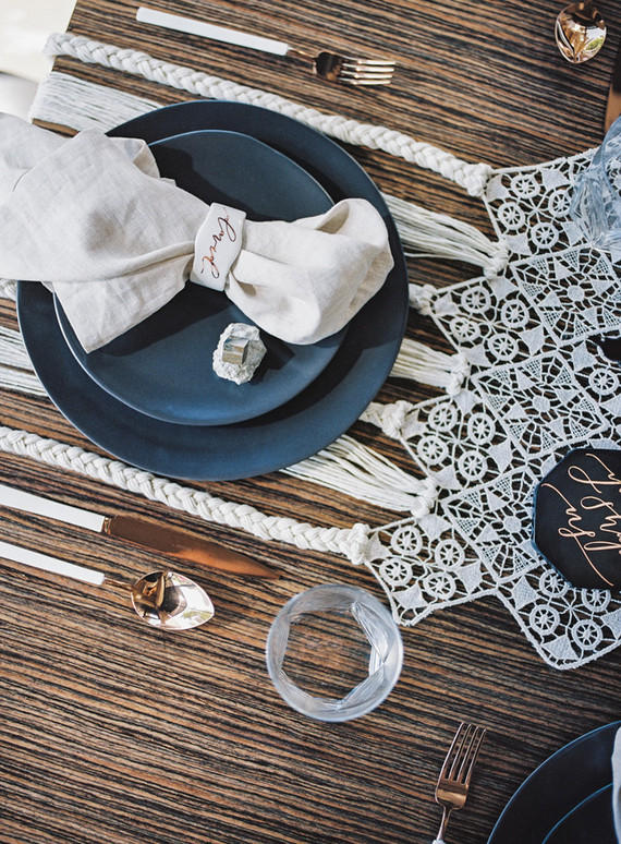 monochrome wedding table styling with macrame