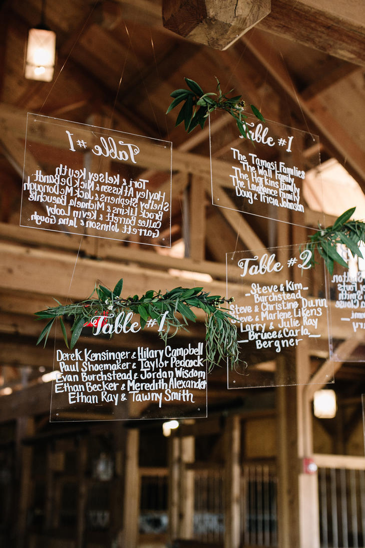 industrial wedding with greenery perspex table signage