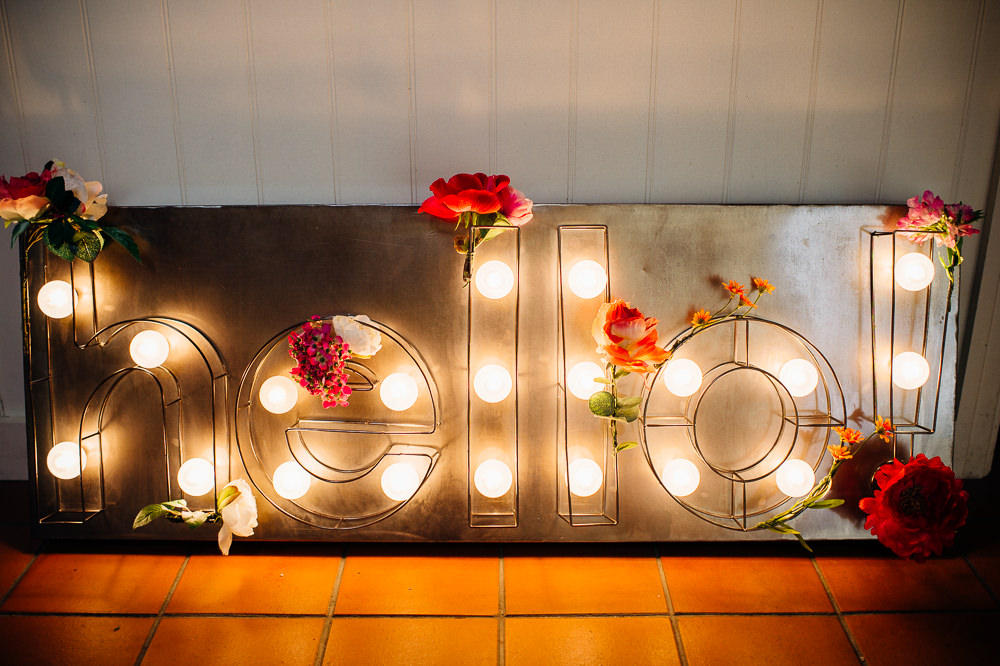 Warehouse wedding hello sign