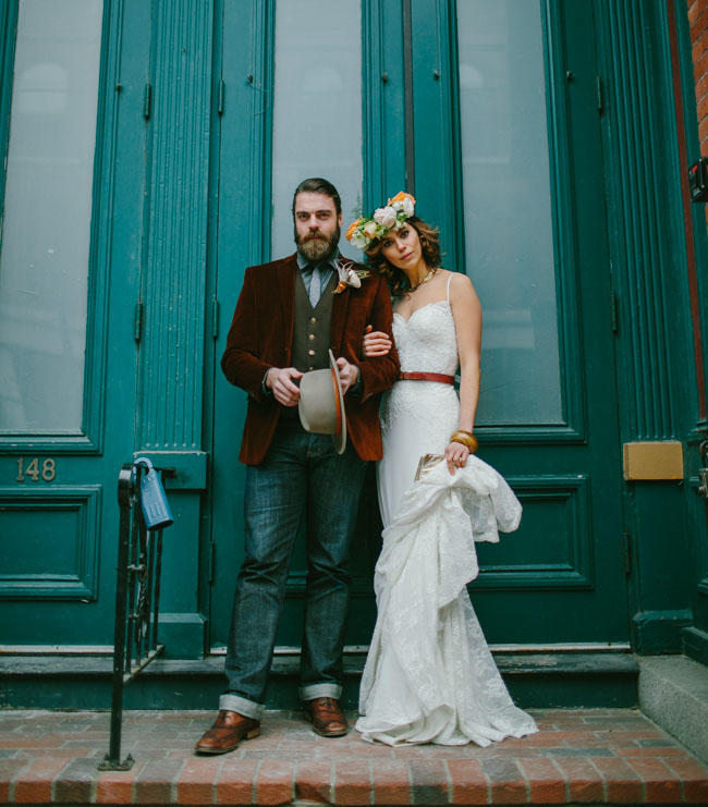 teal and copper wedding bride and groom