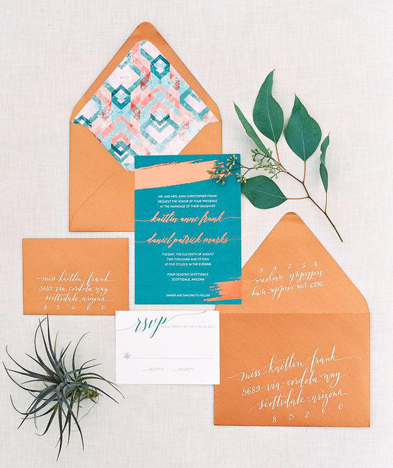 teal and copper wedding invitations