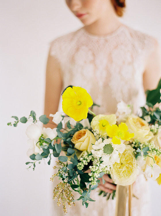 mustard yellow wedding bouquet styling