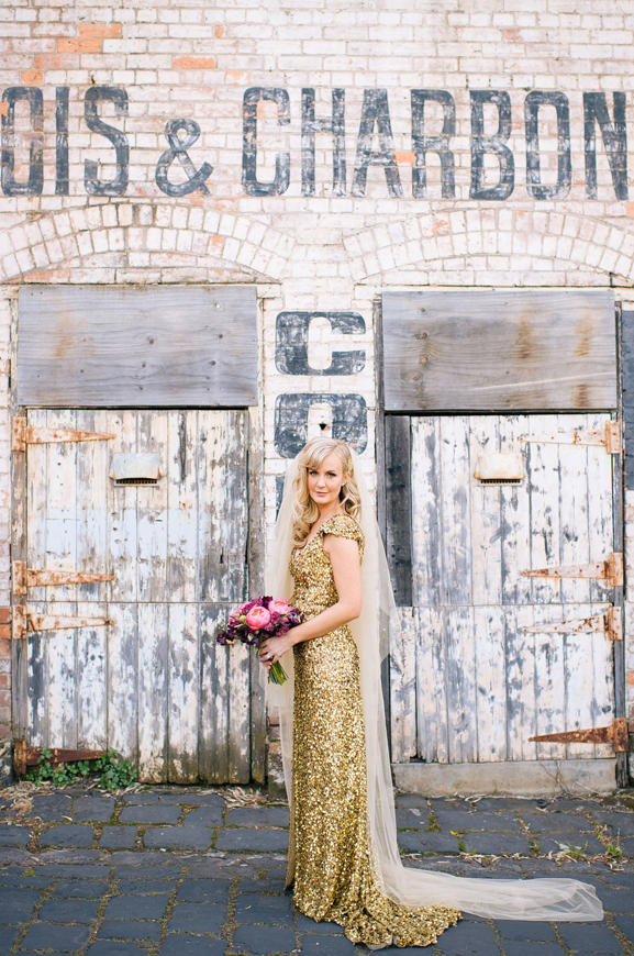 winter wedding bride wearing gold