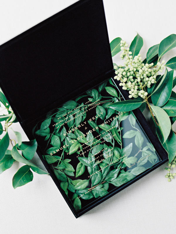 industrial wedding with greenery invitation