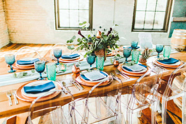 teal and copper reception table styling