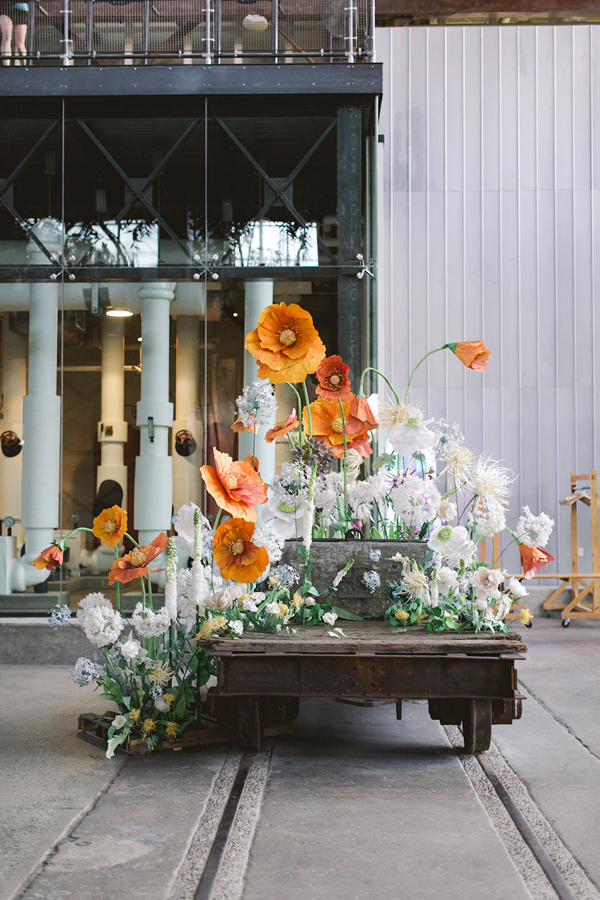 retro urban wedding floral display styling