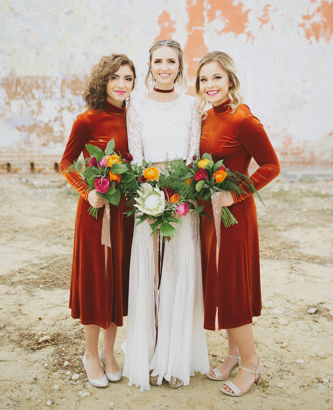 velvet wedding bride and bridesmaids