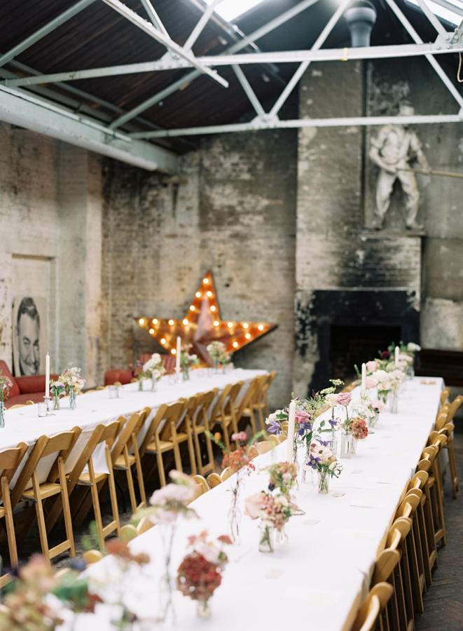 long tables for a warehouse wedding