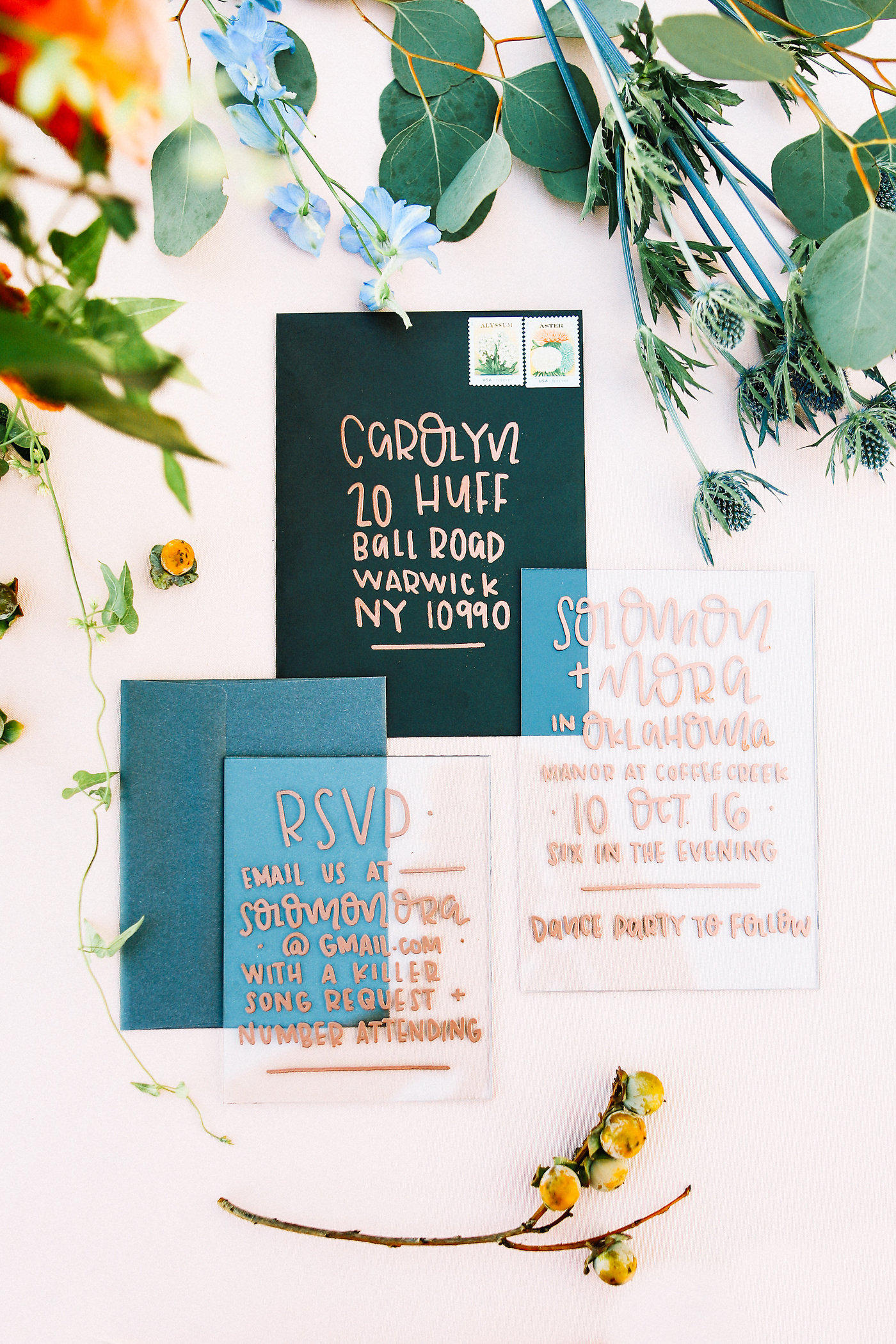 teal and copper wedding stationery