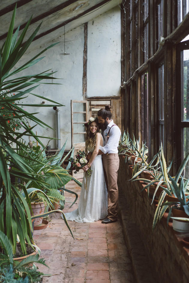 Greenhouse wedding bride and groom