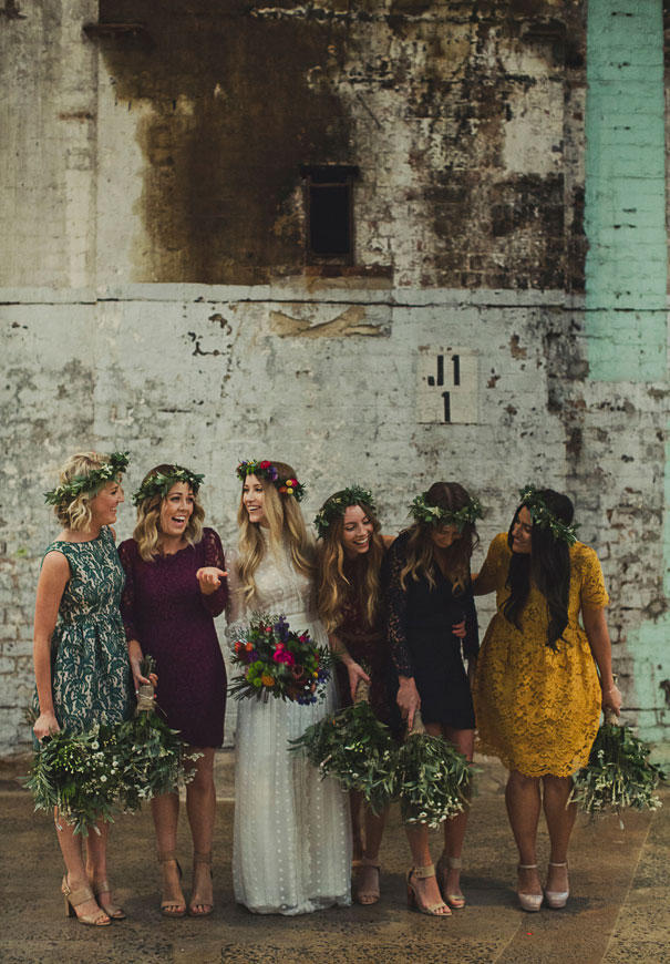 informal wedding group with bride and concrete elements