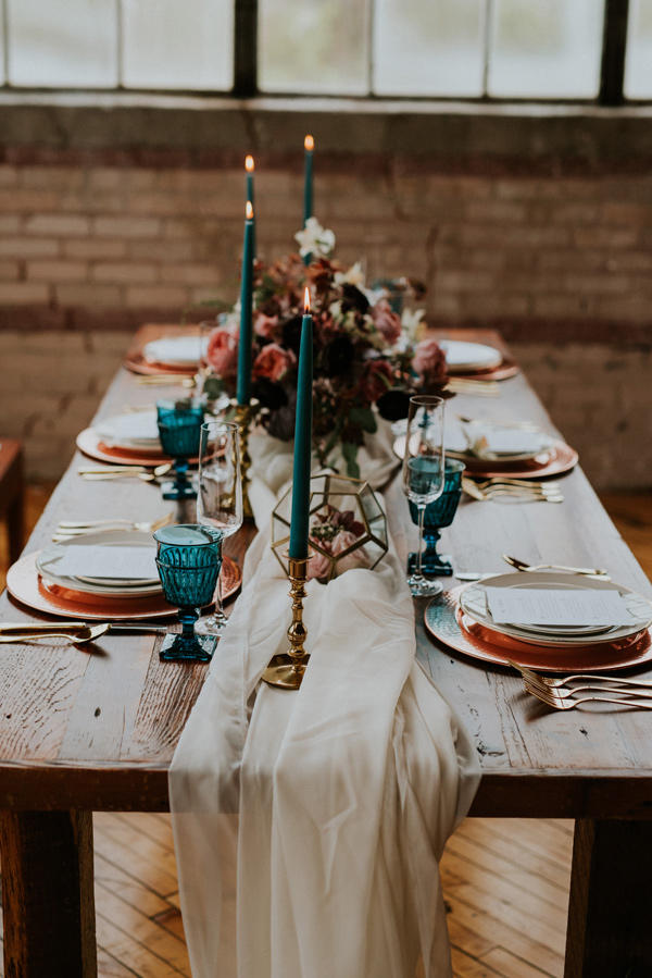 teal and copper wedding table styling