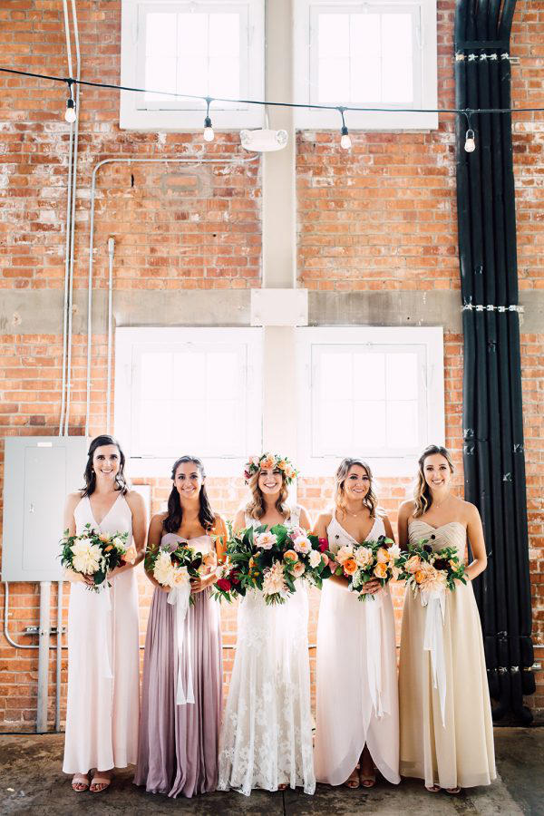 romantic industrial bride and bridesmaids